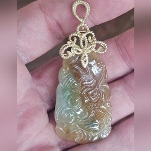 Large Antique Chinese A+ Jadeite Jade Pendant 18K Yellow Gold Carved Jade 2.75”